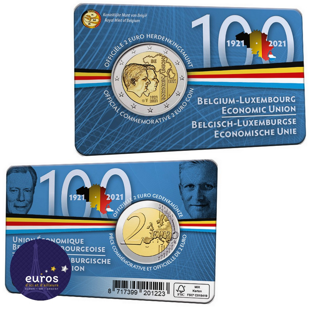 Coincard 2 euros BELGIQUE 2021 - 100 ans de l’Union économique belgo-luxembourgeoise (UEBL) - BU