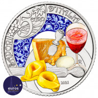 Revers de la pièce de 5 euros commémorative ITALIE 2021 - Gastronomie Italienne - Lambrusco et Tortellini