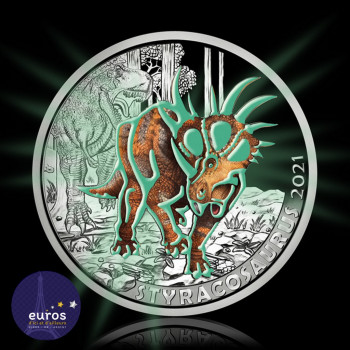 Avers de la pièce de 3 euros AUTRICHE 2021 - Styracosaurus Albertensis - Série Dinosaures