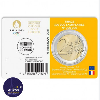Revers du coincard 2 euros commémorative FRANCE 2021 - Jeux Olympiques Paris 2024 - Brillant Universel - Jaune