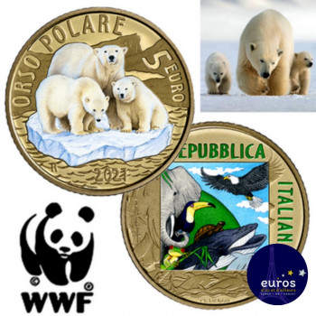 Avers et revers de la pièce 5 euros ITALIE 2021 - Ours Polaire - Espèces animales en voie d'extinction WWF - Belle Épreuve