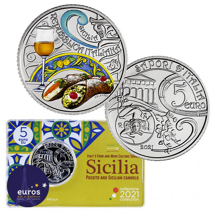 Coincard poièce 5 euros commémorative ITALIE 2021 - Gastronomie Italienne - Cannolo et Passito
