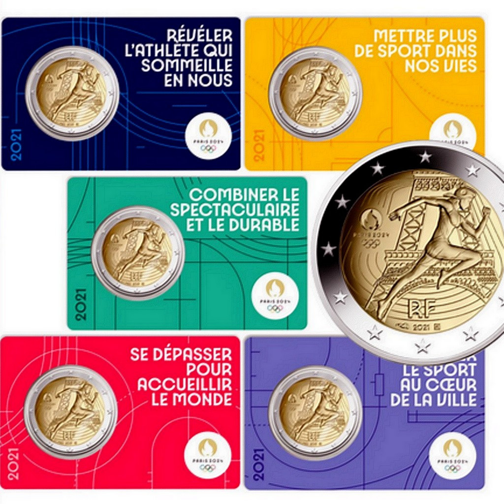 5 x Coincard 2 euros commémorative FRANCE 2021 Jeux Olympiques Paris 2024™ Sous licence 100 000 exemplaires