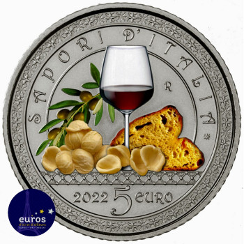 Avers de la pièce de 5 euros commémorative ITALIE 2022 - Gastronomie Italienne - Puglia Primitivo et Orecchiette