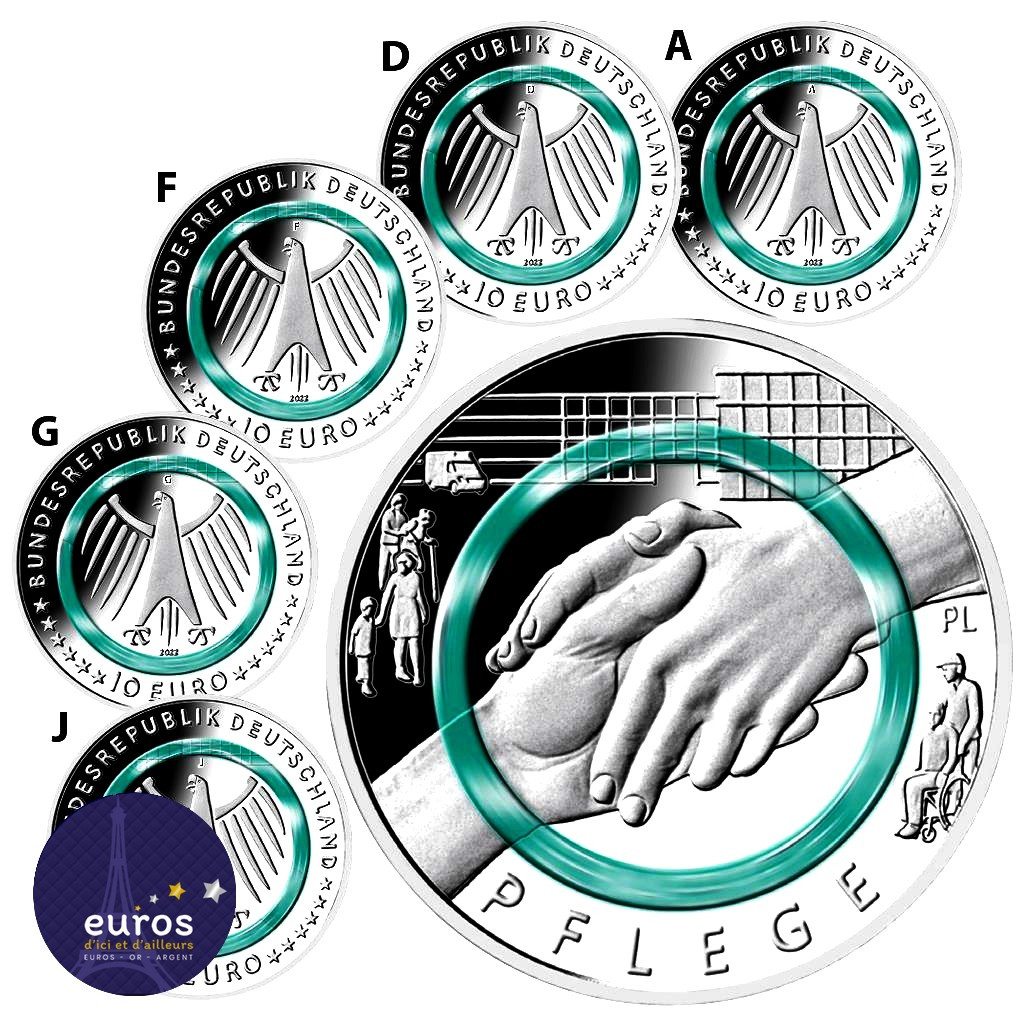 Avers des pièces de 5 x 10 euros ALLEMAGNE 2022 - Au Service de la Société - Les Soins Infirmiers - ADFGJ