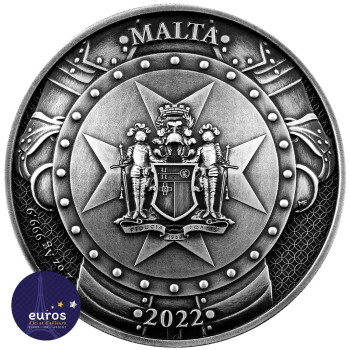 Revers de la pièce de 10 euros MALTE 2022 - Knights of the Past - Argent 2oz - Finition Antique Haut Relief