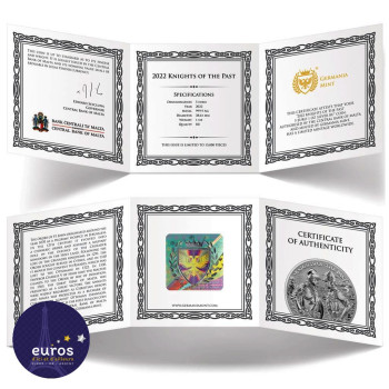 Certificat d'authenticité de la pièce de 5 euros MALTE 2022 - Knights of the Past - 1oz argent Brillant Universel