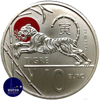 Revers de la pièce de 10 euros commémorative SAINT MARIN 2022 - Calendrier Lunaire Chinois Le Tigre