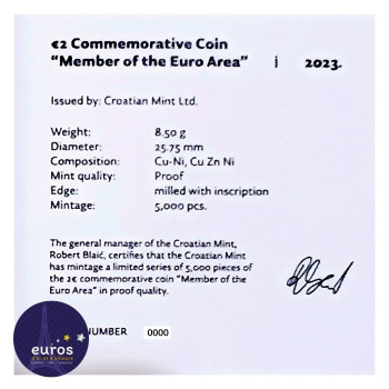 Certificat de la pièce de 2 euros commémorative CROATIE 2023 - Introduction de l'Euro - Belle Épreuve