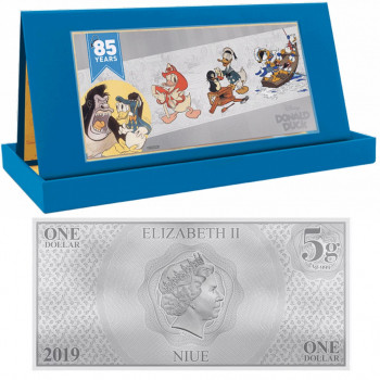 NIUE 2019 - 1$ NZD Donald Duck™ - Disney™ - Billet en argent pur + présentoir