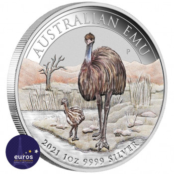 Avers de la pièce AUSTRALIE 2021 - 1$ AUD - Emeu Australien - Salon de l'ANDA - Argent 1oz 999,9 ‰ colorisé