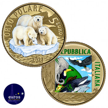 Avers et revers de la pièce 5 euros ITALIE 2021 - Ours Polaire - Espèces animales en voie d'extinction WWF - Belle Épreuve
