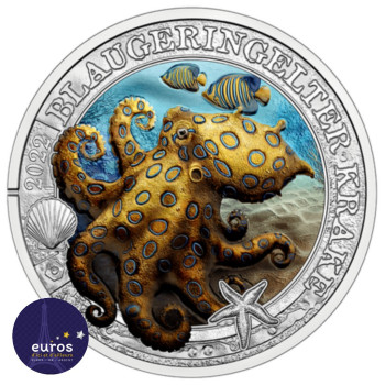 Avers de la pièce 3 euros AUTRICHE 2022 - La Vie Marine Lumineuse - La Pieuvre à Anneaux Bleus