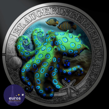 Avers de la pièce 3 euros AUTRICHE 2022 - La Vie Marine Lumineuse - La Pieuvre à Anneaux Bleus
