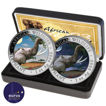 SOMALIE 2023 - Set Éléphant - African Wildlife - 2 x 1oz argent 999,99‰ - Jour et Nuit - Colorisée