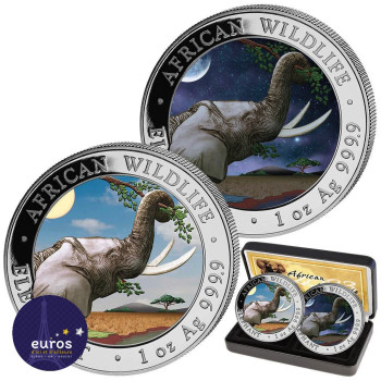 SOMALIE 2023 - Set Éléphant - African Wildlife - 2 x 1oz argent 999,99‰ - Jour et Nuit - Colorisée